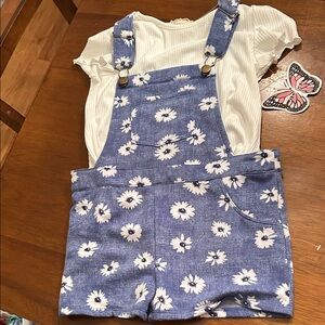 btween White Ribbed Top with blue overall set